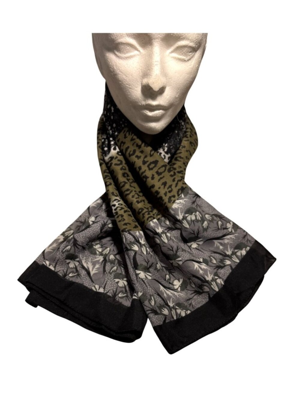 Leopard Floral Print Scarf Patchwork Black Brown Green & Gray 37 x 37"